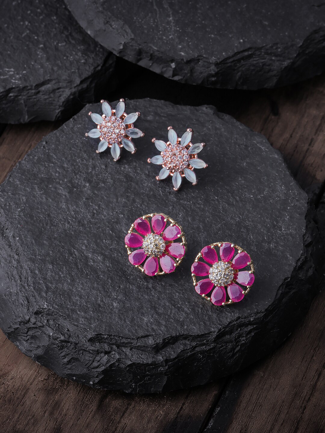 

Brandsoon Pack Of 2 Pink & Blue Rose Gold-Plated AD-Studded Floral Studs Earrings