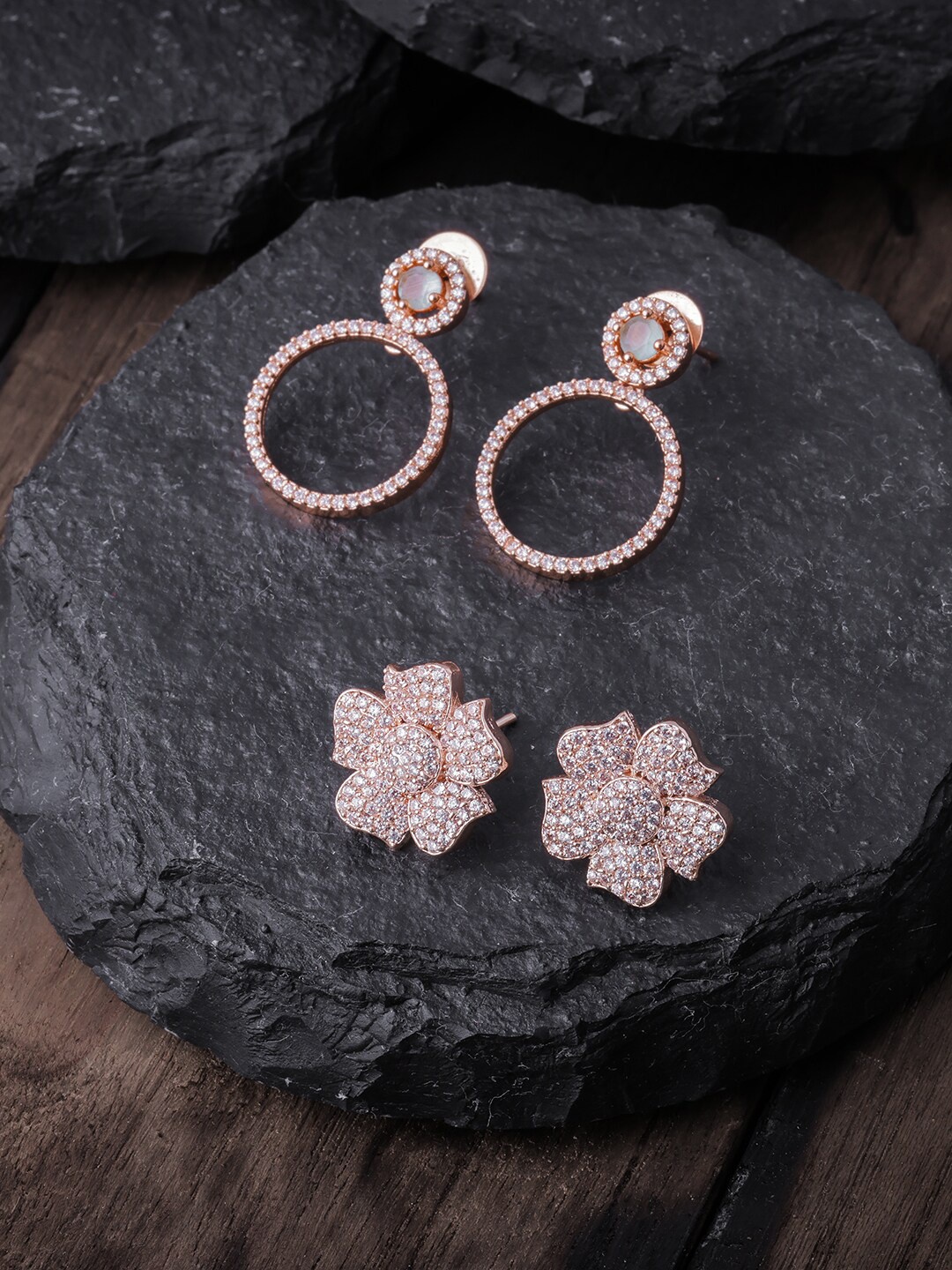 

Brandsoon Pack Of 2 White & Rose Gold Plated AD-Studded Floral Studs & Drop Earrings