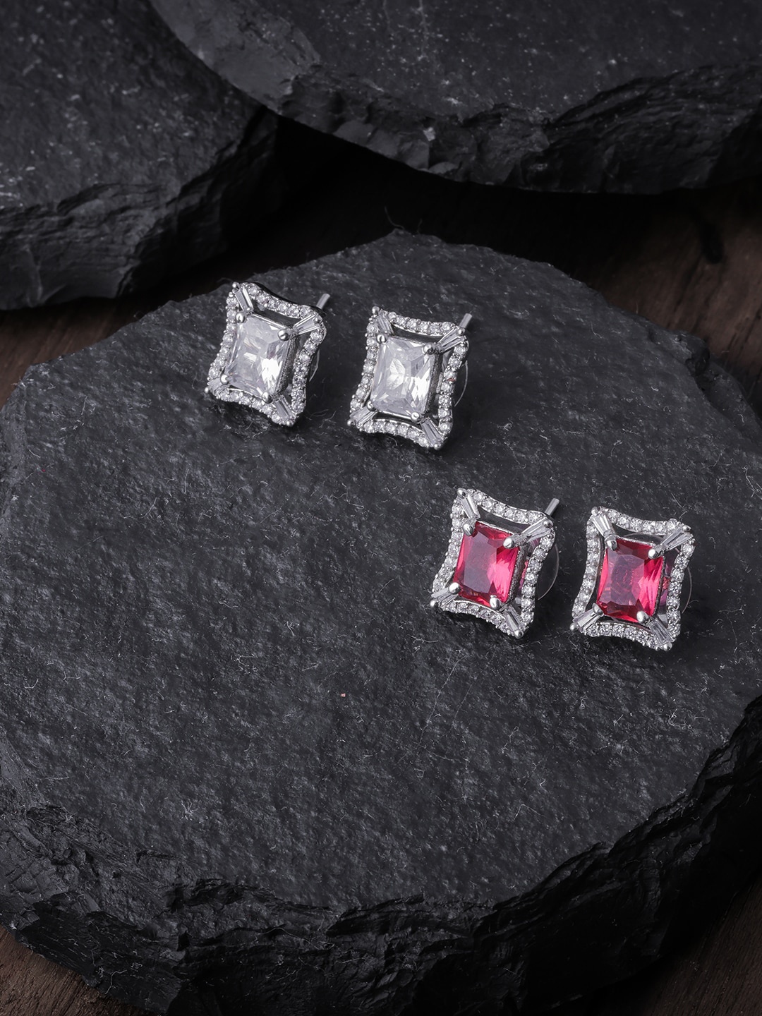 

Brandsoon Pack Of 2 White & Pink Silver-Plated AD-Studded Square Studs Earrings