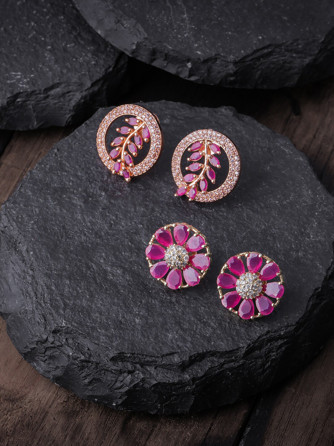 

Brandsoon Rose Gold-Toned & Pink Set of 2 AD Studded Gold-Plated Studs Earrings