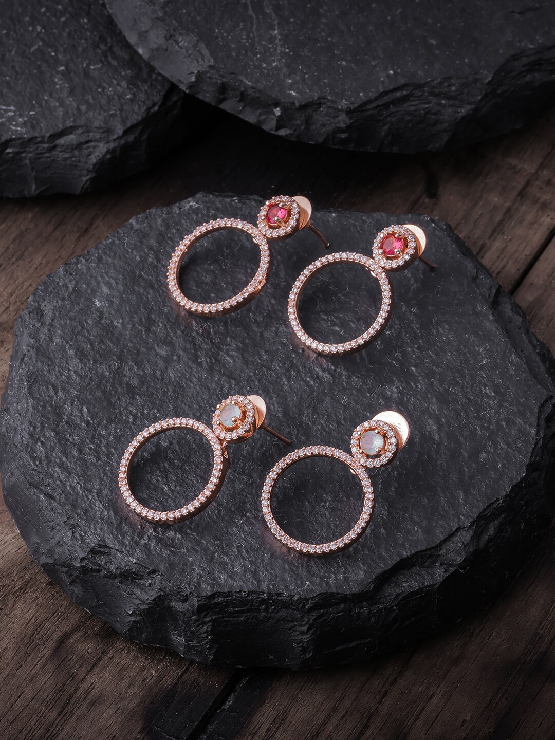 

Brandsoon Rose Gold-Toned Circular Set of 2 Studded Gold-Plated Drop Earrings