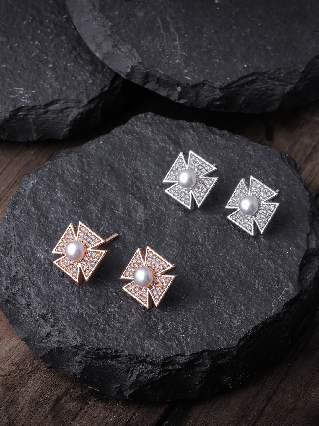 

Brandsoon Rose Gold-Toned & Silver-Toned Set of 2 AD Studded Gold-Plated Studs Earrings