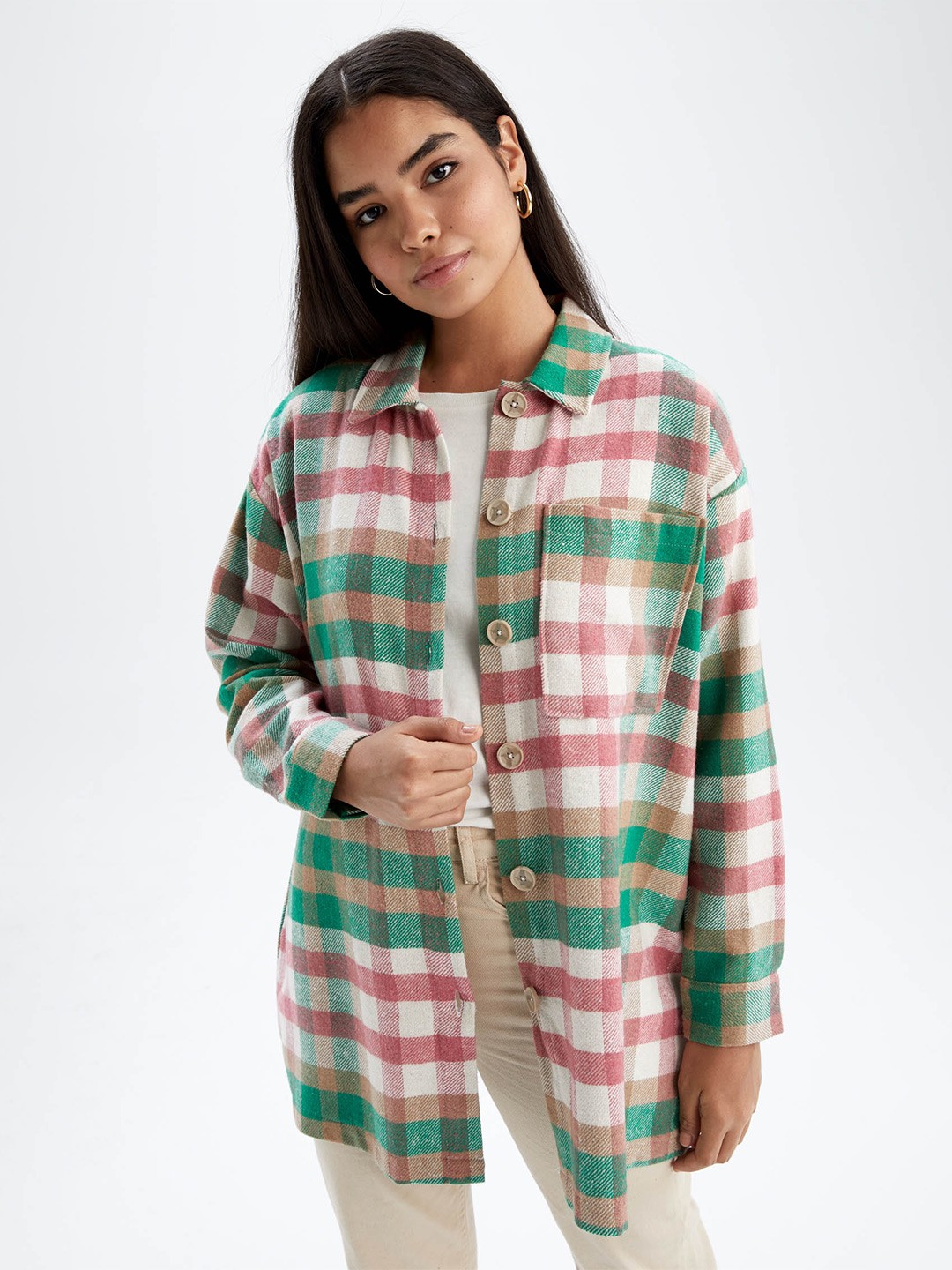 

DeFacto Women Green Classic Checked Casual Shirt