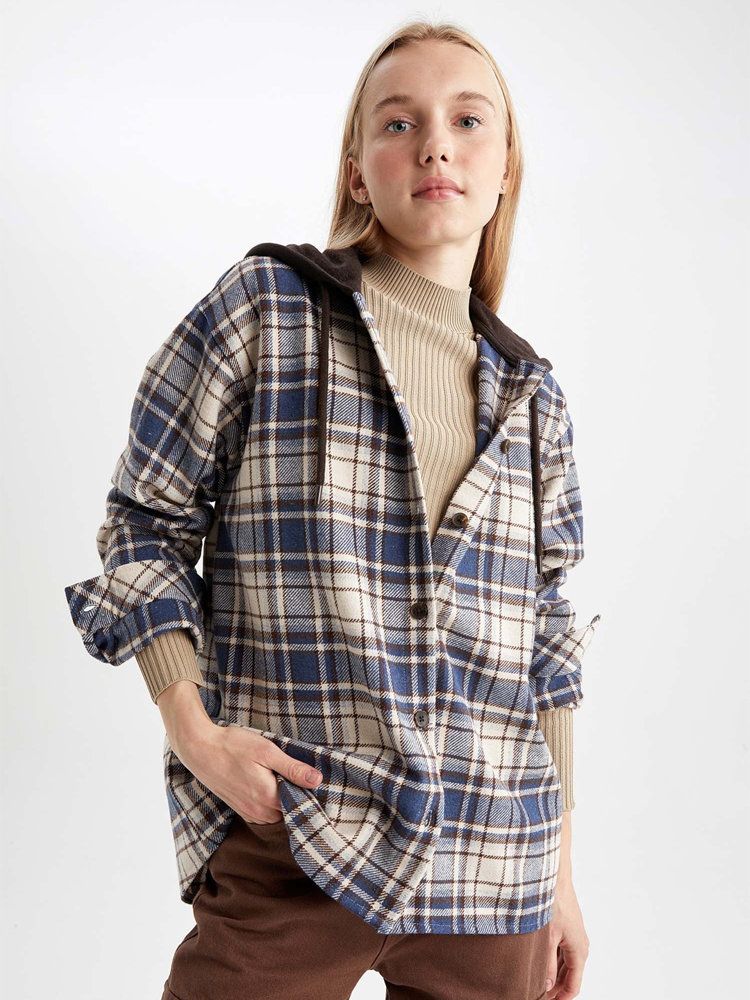 

DeFacto Women Blue & White Checked Tunic