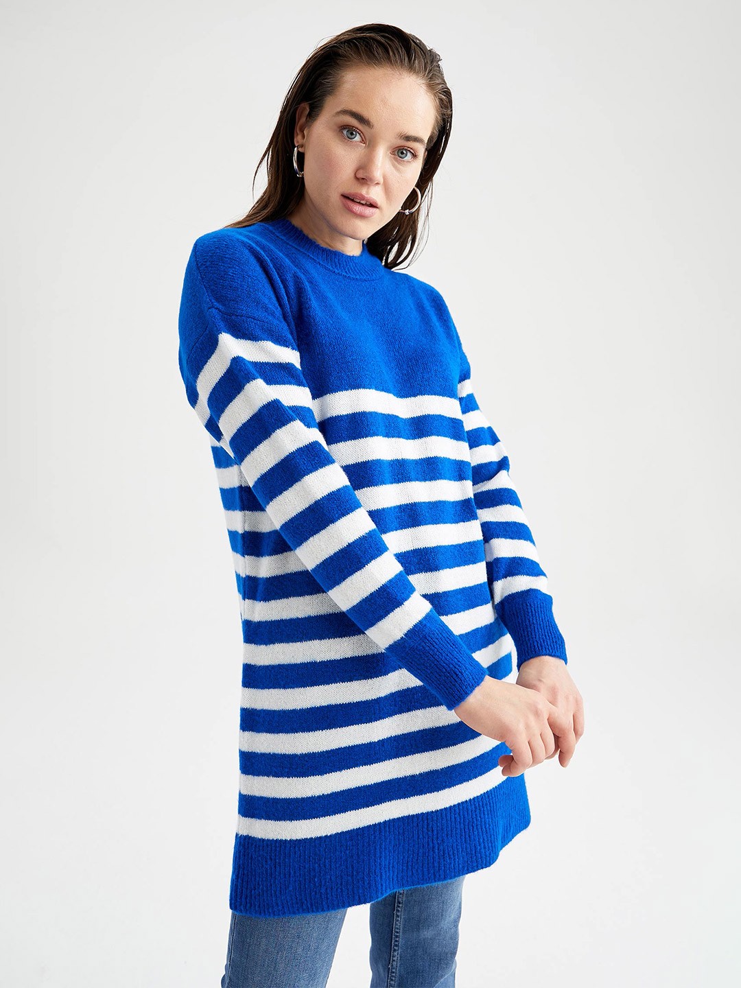 

DeFacto Women Blue & White Striped Longline Acrylic Pullover