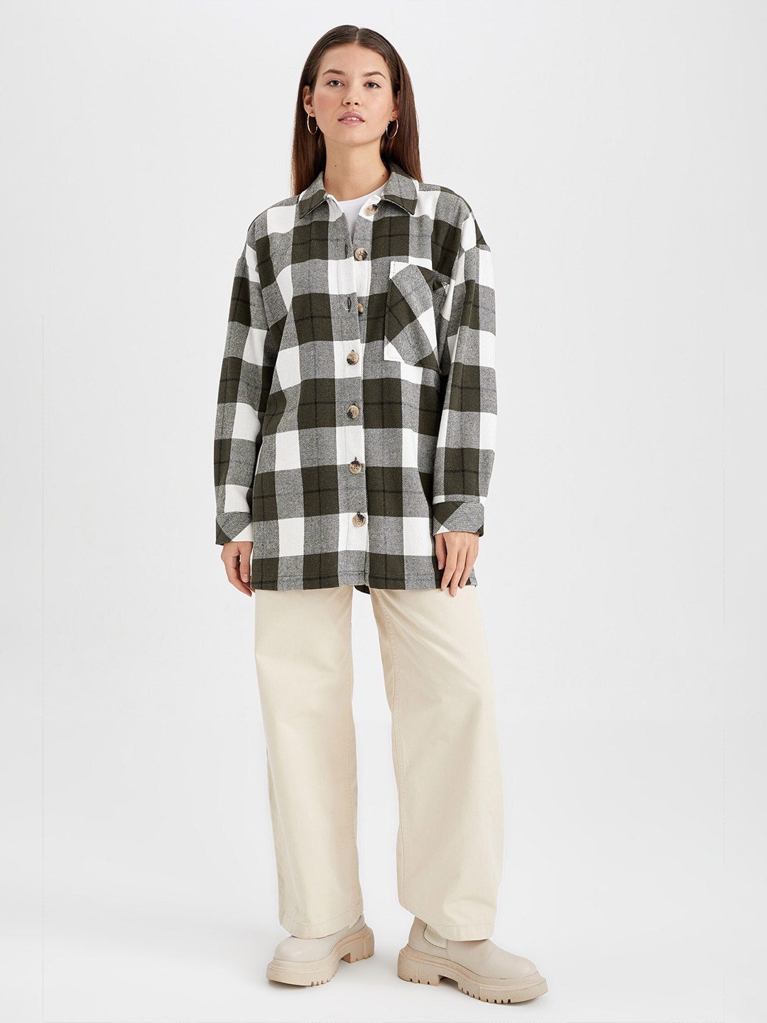 

DeFacto Women Khaki Checked Casual Shirt