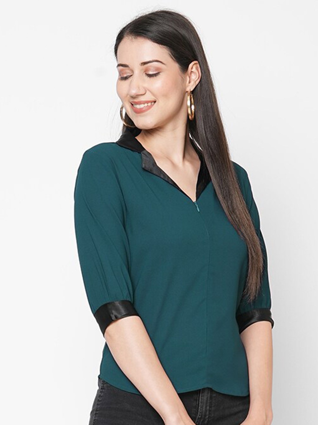 

MISH Women Teal Green & Black Georgette Shirt Style Top