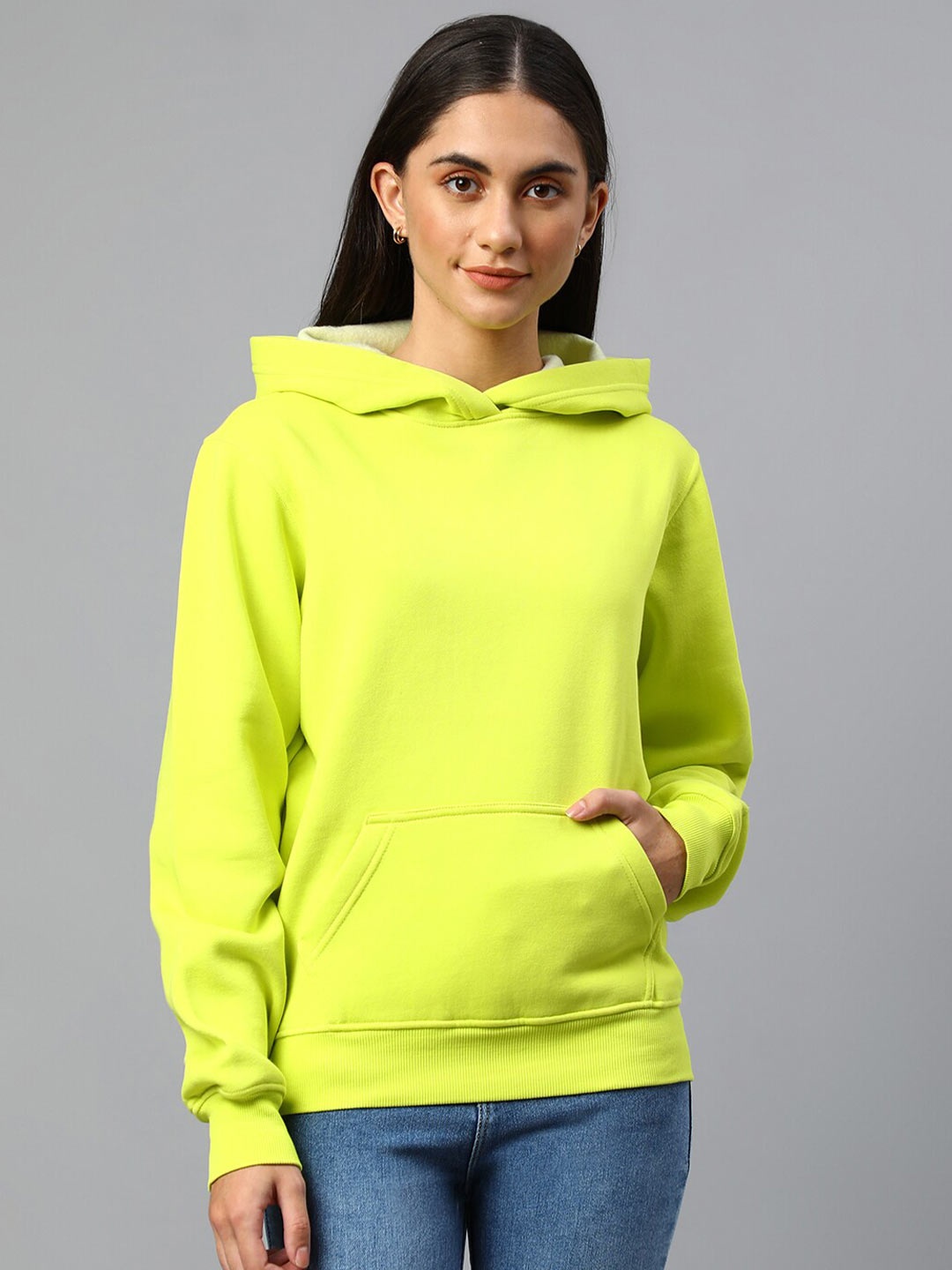 

Xpose Women Lime Green Solid Hooded Sweatshirt