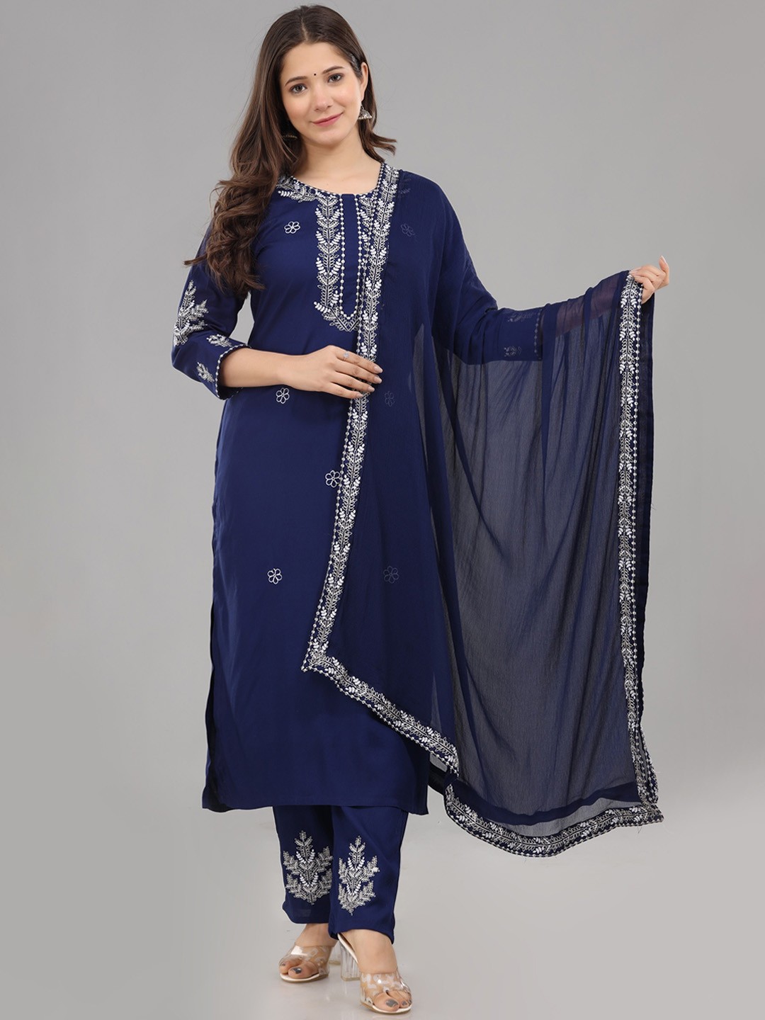 

KALINI Women Navy Blue Ethnic Motifs Embroidered Kurta with Trouser & Dupatta
