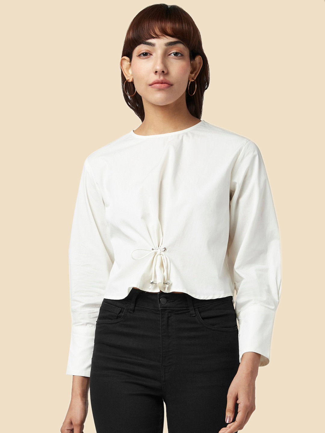 

SF JEANS by Pantaloons Women Off White Cuff Sleeves Pure Cotton Crop Top