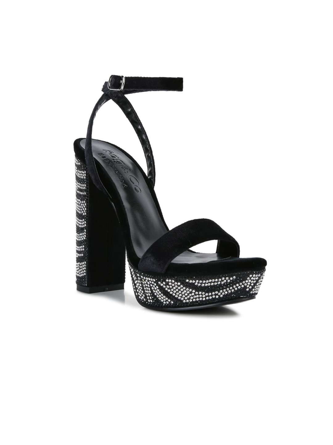 

RAG & CO Black Velvet Embellished Block Sandals Heels