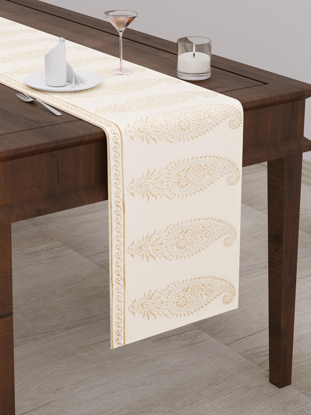 

BLOCKS OF INDIA Gold Floral Printed Canvas Table Runner