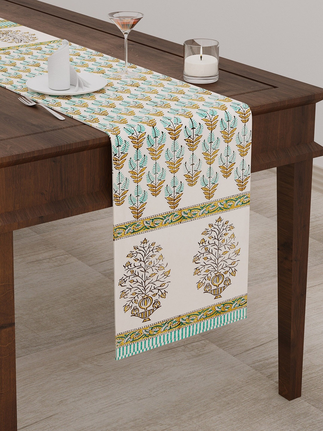 

BLOCKS OF INDIA Brown & Sea Green Floral Printed Canvas Table Runner