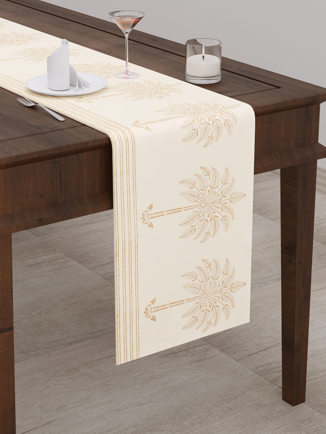 

BLOCKS OF INDIA Gold Floral Printed Canvas Table Runner