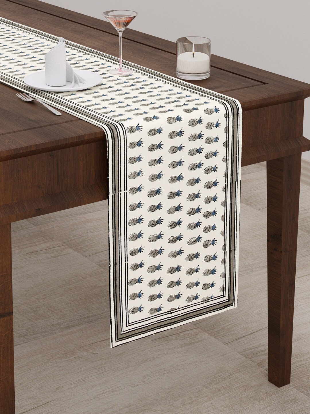 

BLOCKS OF INDIA Grey Printed Canvas Table Runner