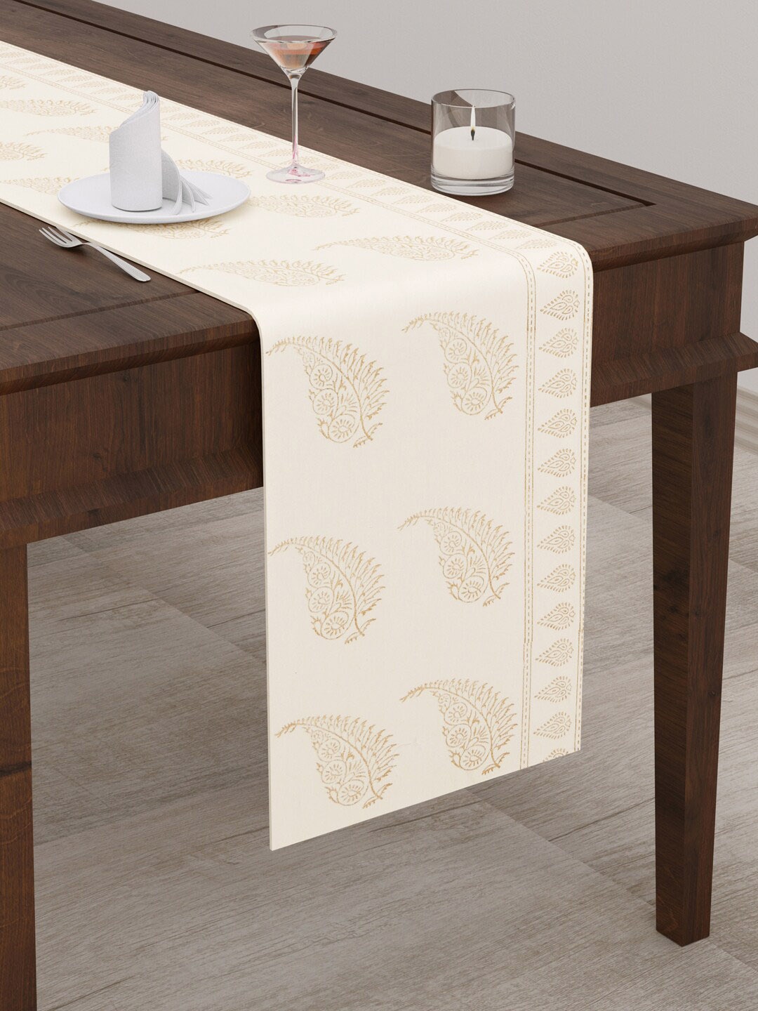 

BLOCKS OF INDIA Gold Ethnic Motifs Printed Cotton Canvas Table Runner, Cream