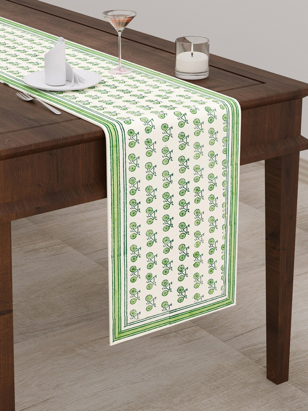 

BLOCKS OF INDIA Green Cycle Printed Canvas Table Runner
