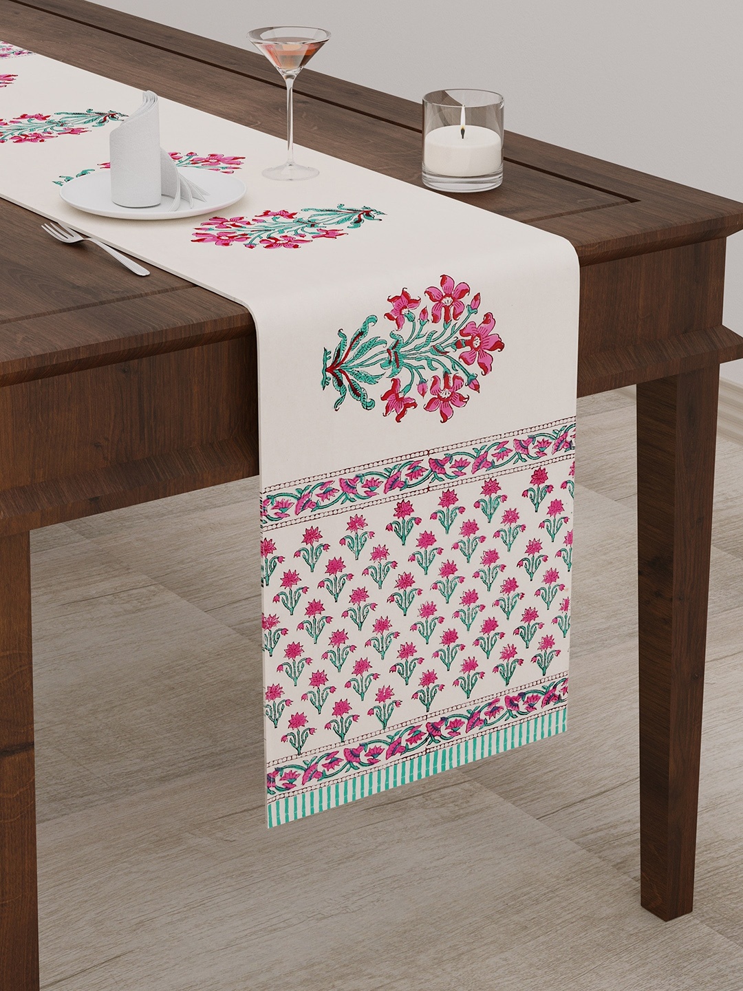 

BLOCKS OF INDIA Pink Floral Printed Canvas Table Runner