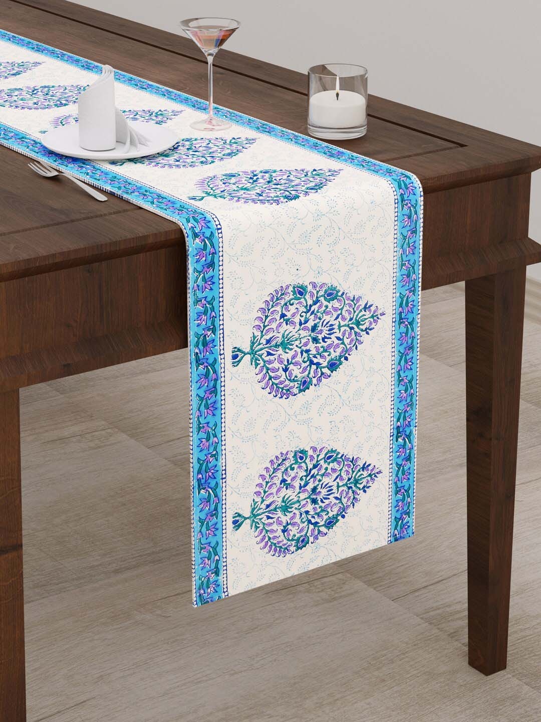 

BLOCKS OF INDIA Blue & Cream Ethnic Motifs Printed Canvas Table Runner