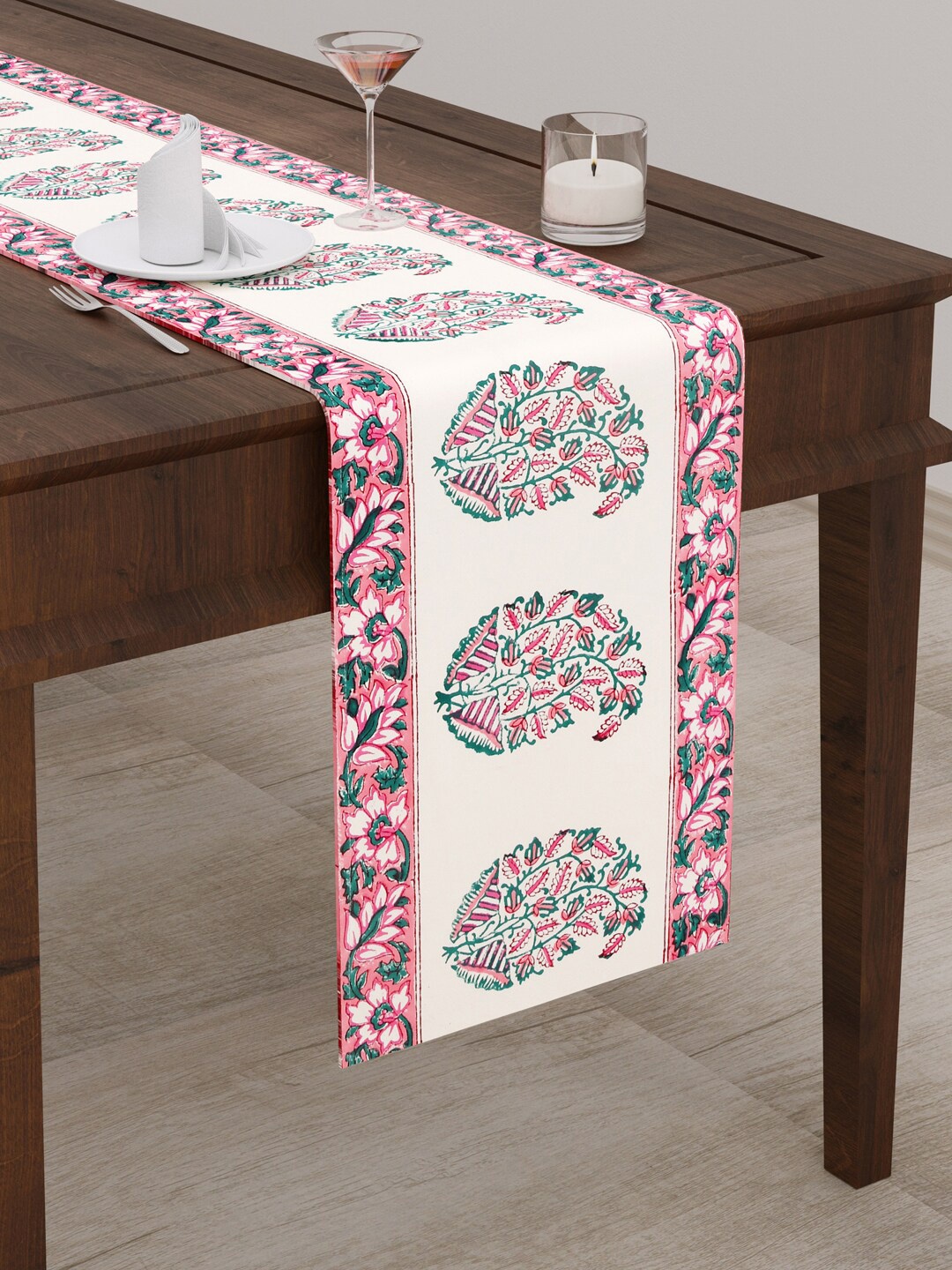 

BLOCKS OF INDIA Peach & Cream Floral Printed Canvas Table Runner