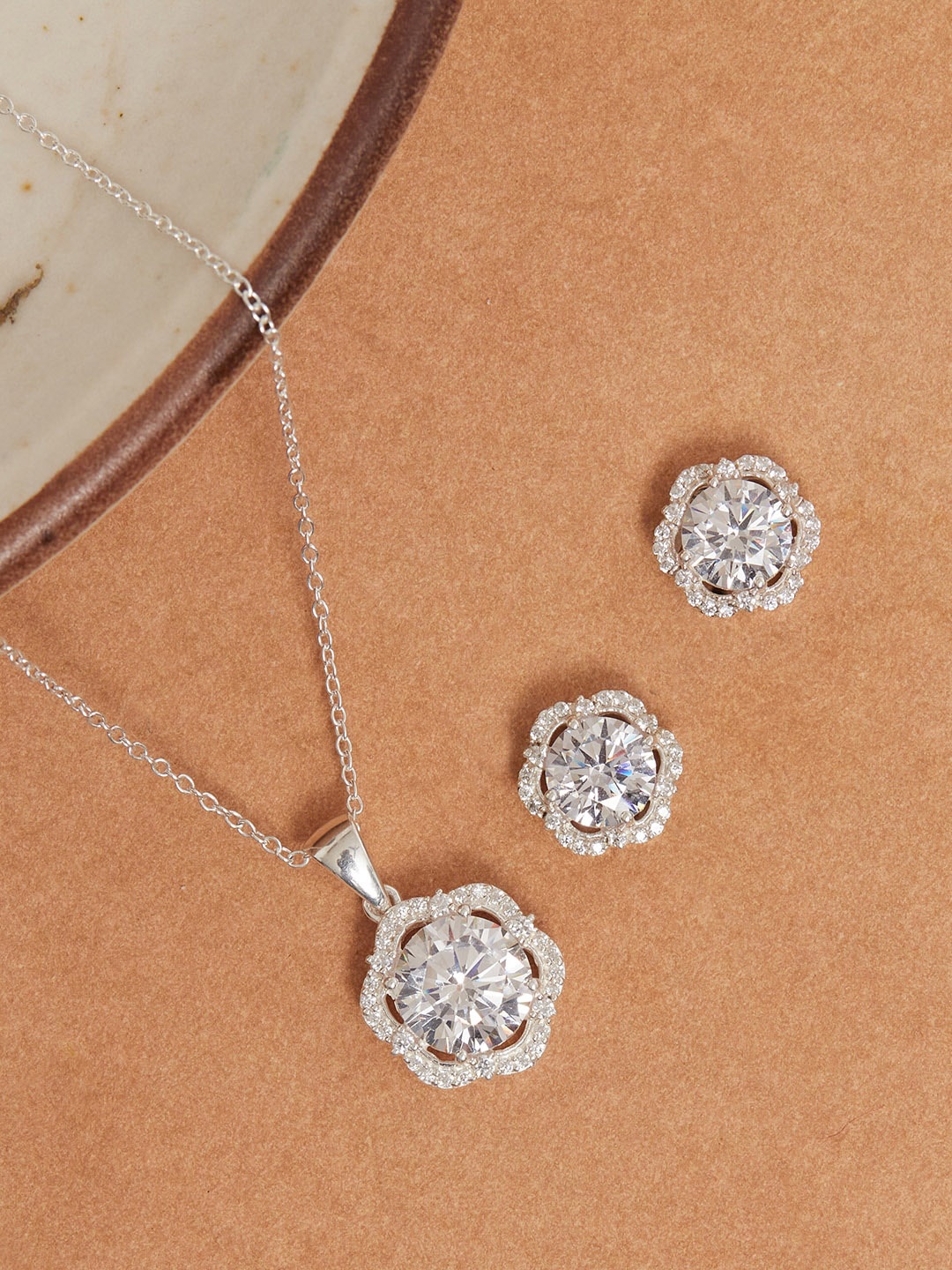 

Studio Voylla 925 Sterling Silver White CZ-Studded Jewellery Set