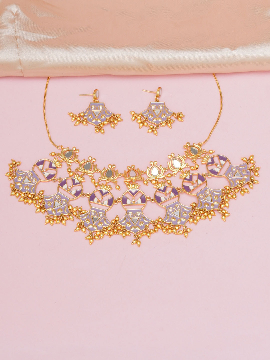 

Voylla Purple & Gold-Plated Stone Studded & Beaded Jewellery Set