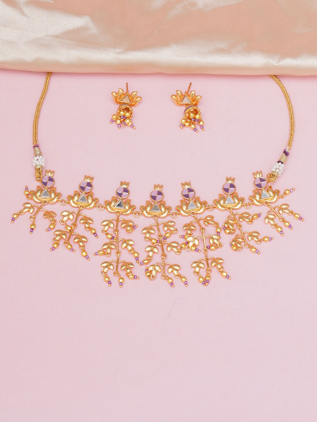 

Voylla Purple & Gold-Plated Stone-Studded & Beaded Jewellery Set