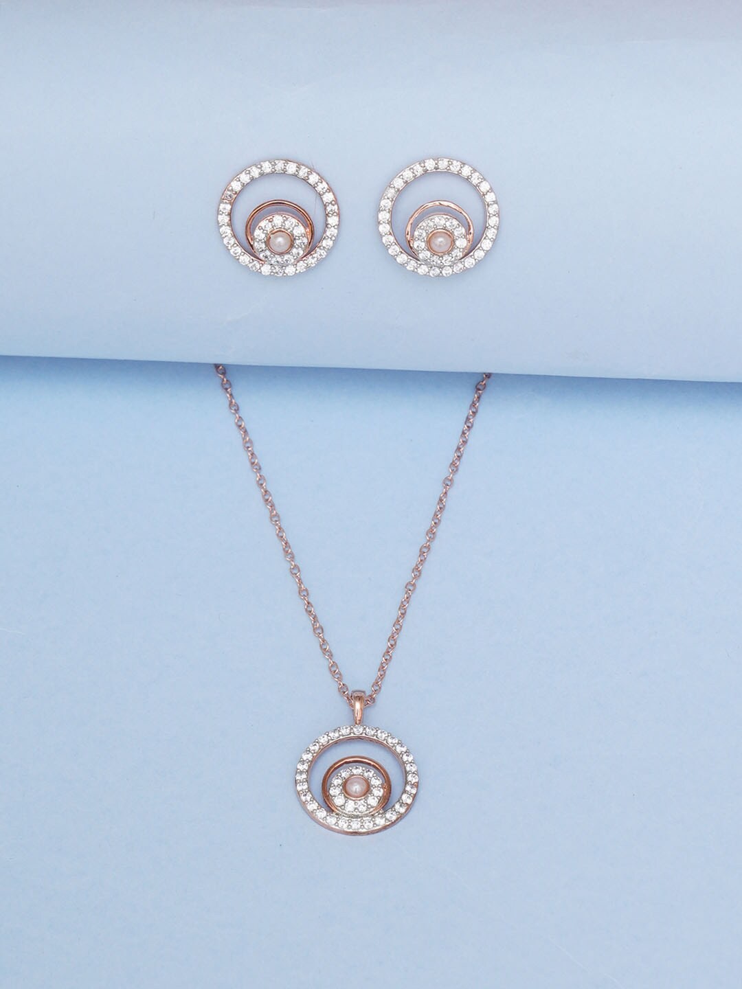 

Voylla White & Rose Gold-Plated CZ Studded & Pink Pearl Embellished Jewellery Set