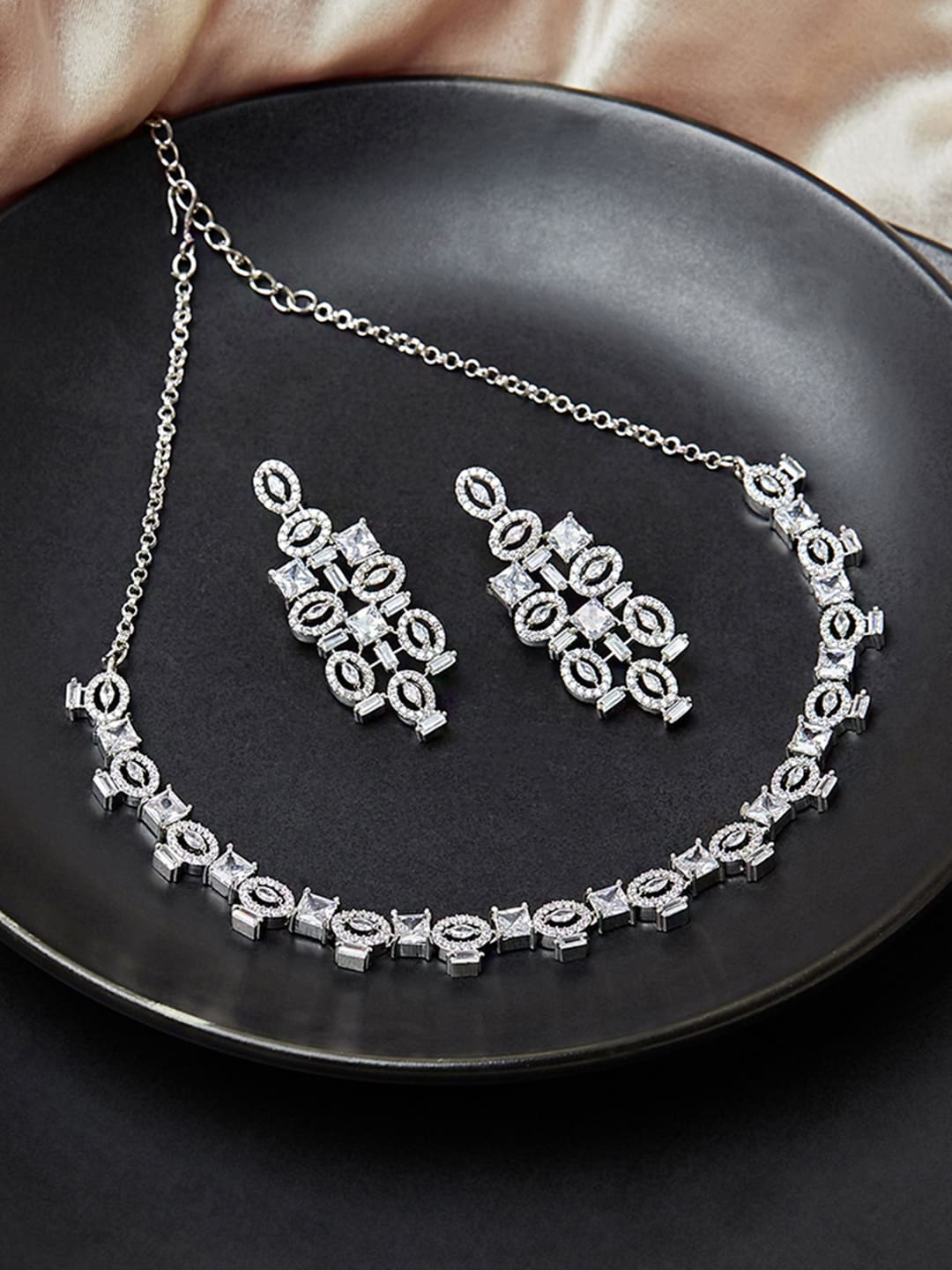 

Voylla White & Silver-Plated CZ Stone-Studded Jewellery Set