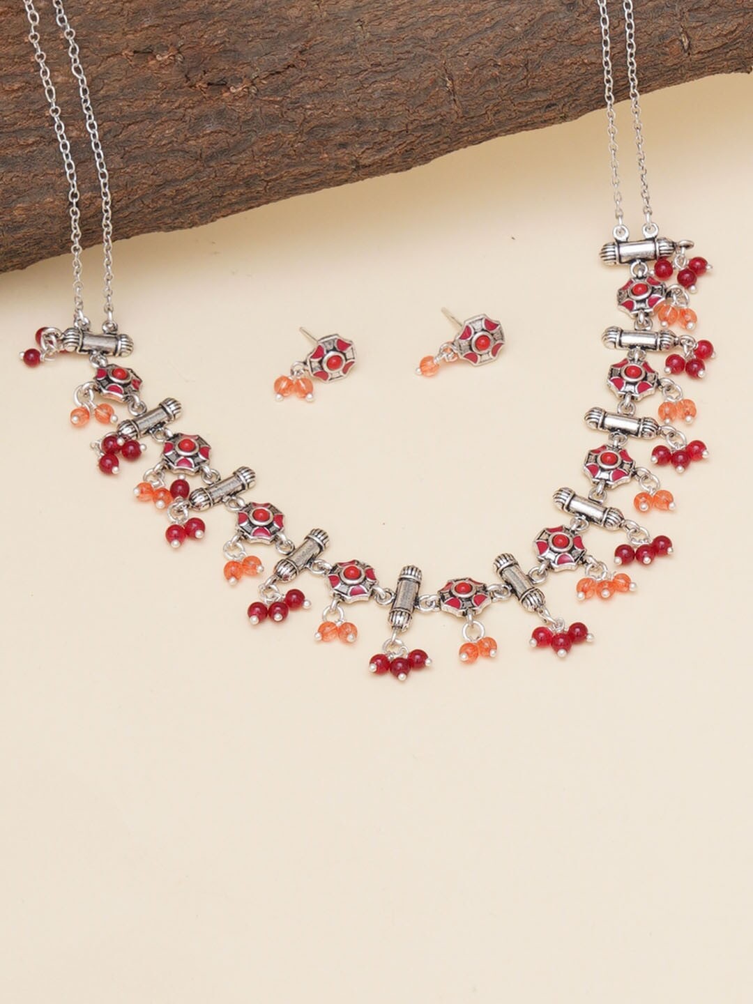 

Voylla Red & Silver-Plated Enameled Beaded Choker Jewellery Set