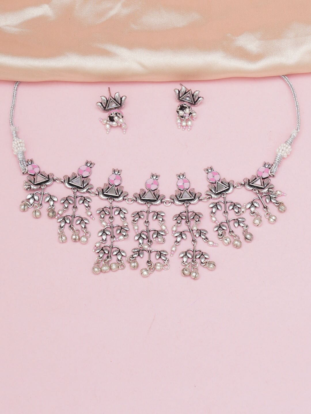 

Voylla Pink & Silver-Plated Stone-Studded & Beaded Jewellery Set