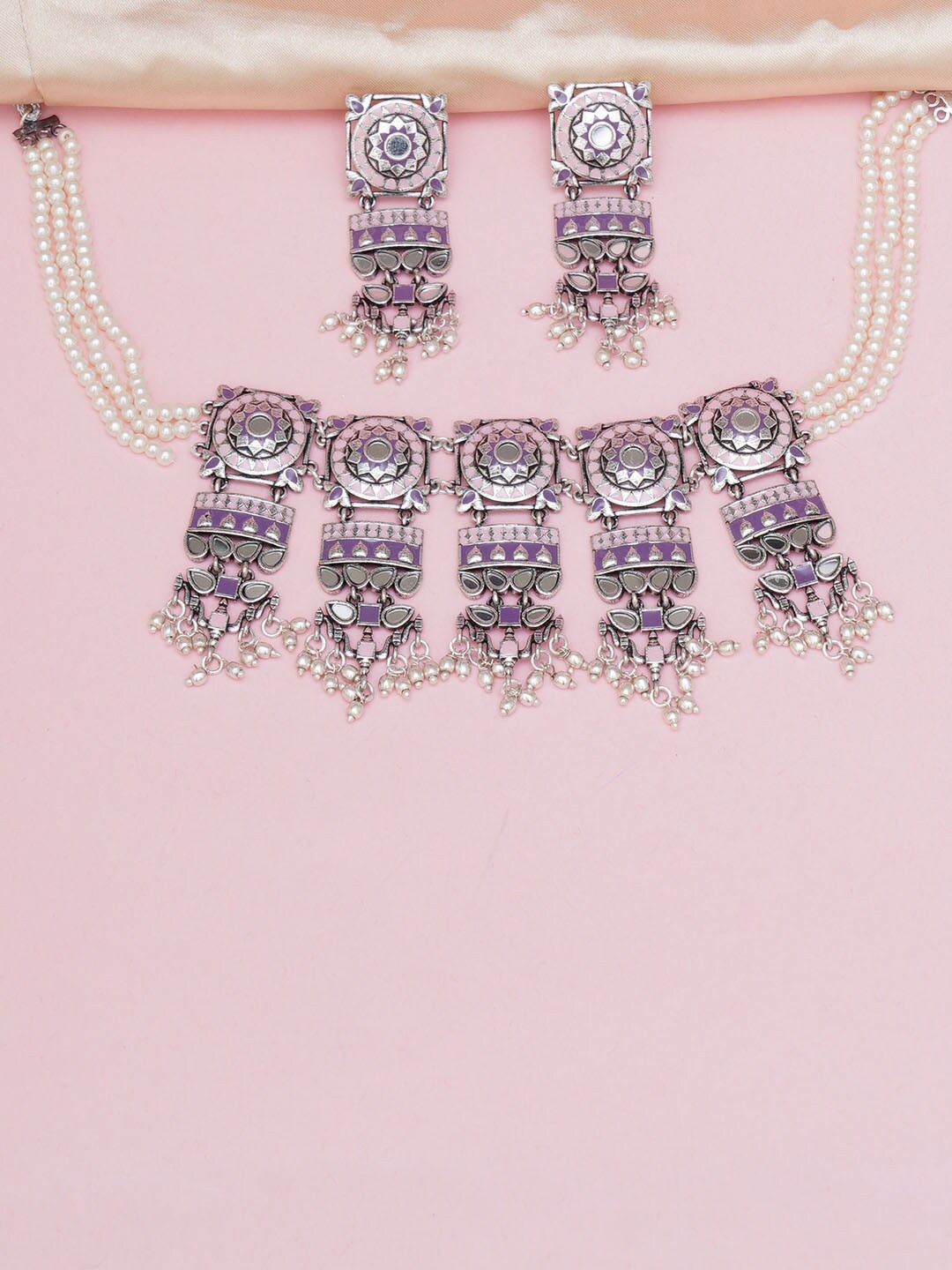 

Voylla Pink & Silver-Plated Oxidised Mirror Work Detailed Jewellery Set
