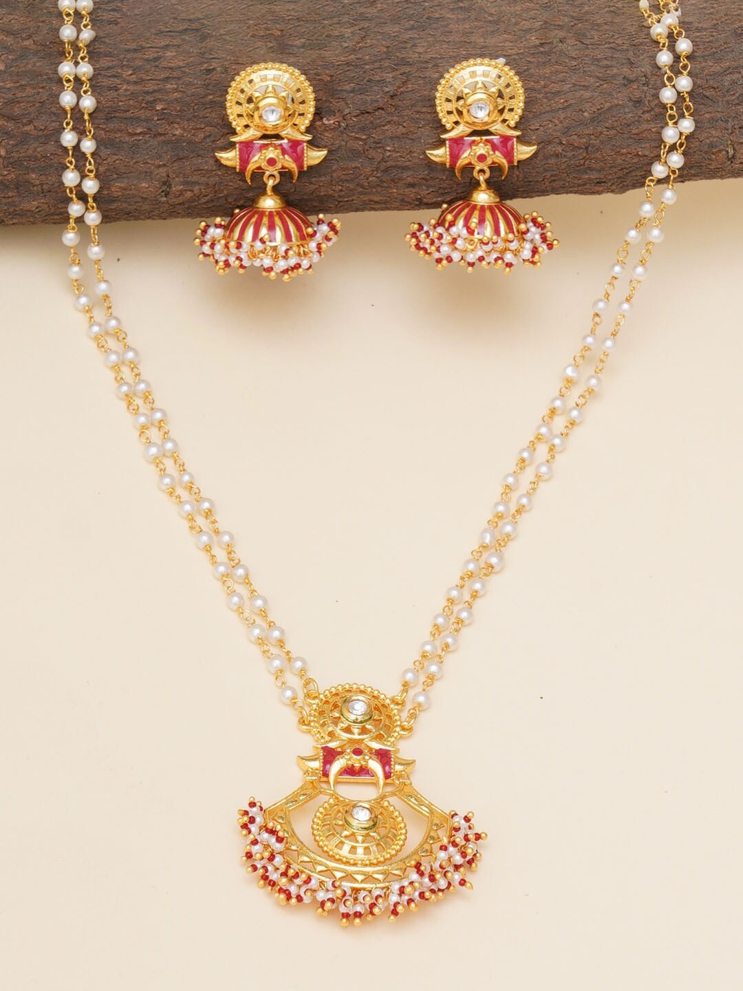 

Voylla Gold-Plated White & Red Faux Pearl Layered Jewellery Set