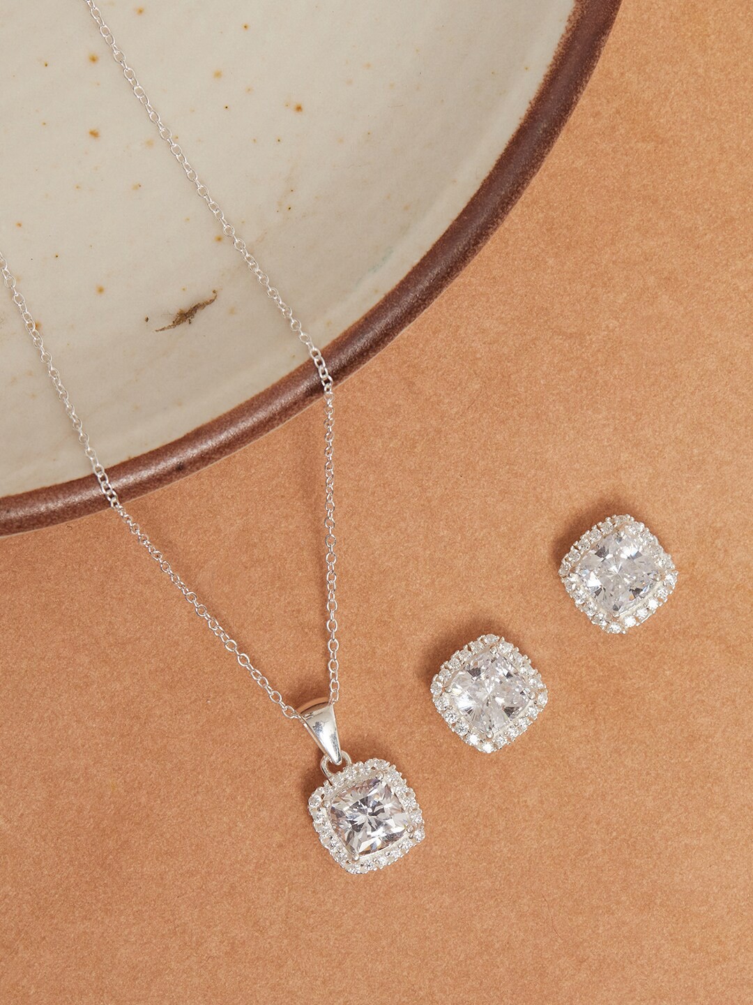 

Studio Voylla Women 925 Sterling Silver CZ Stone Pave Short Pendant Set, White