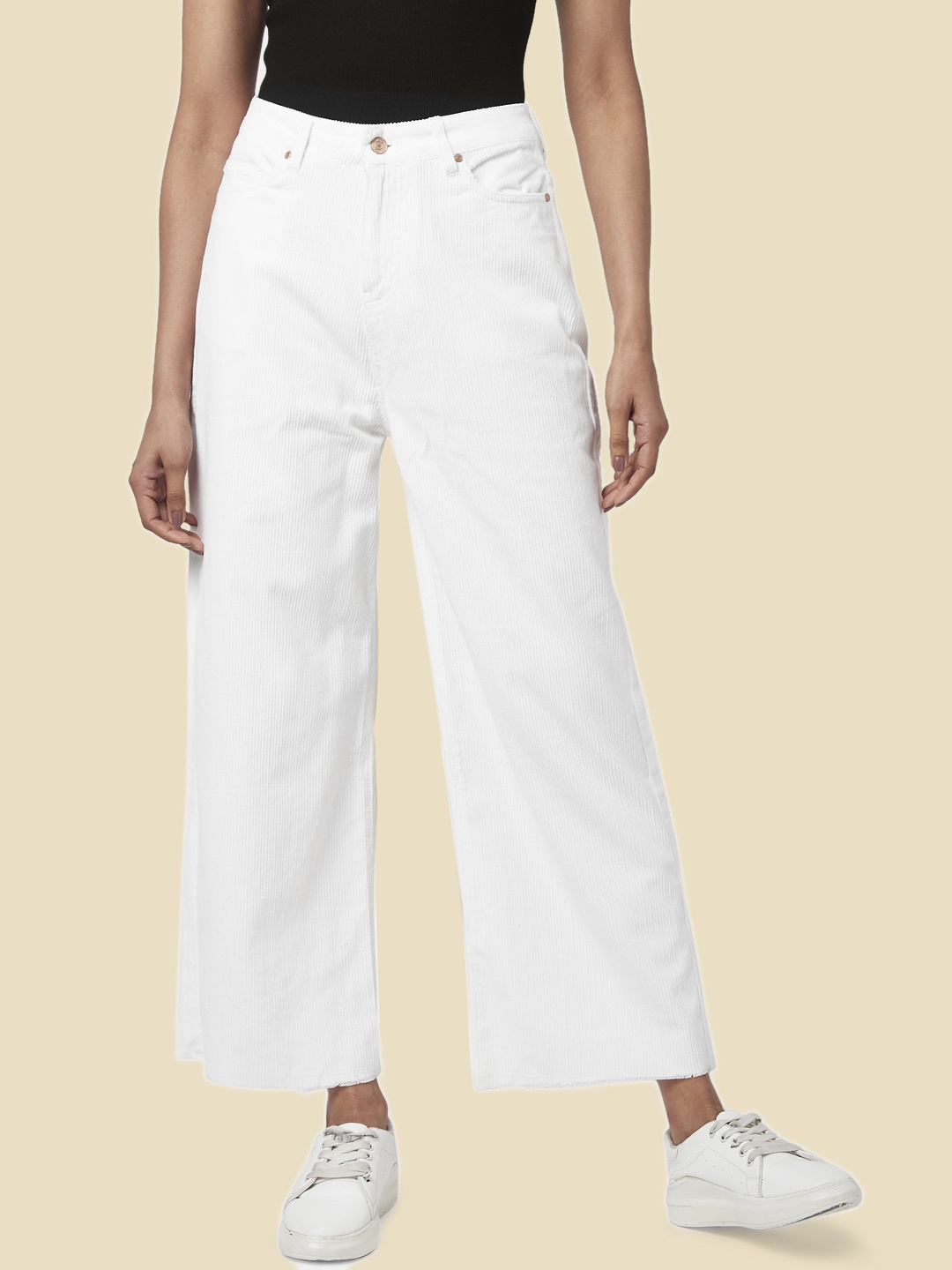 

People Women White Cotton Flared High-Rise Trousers