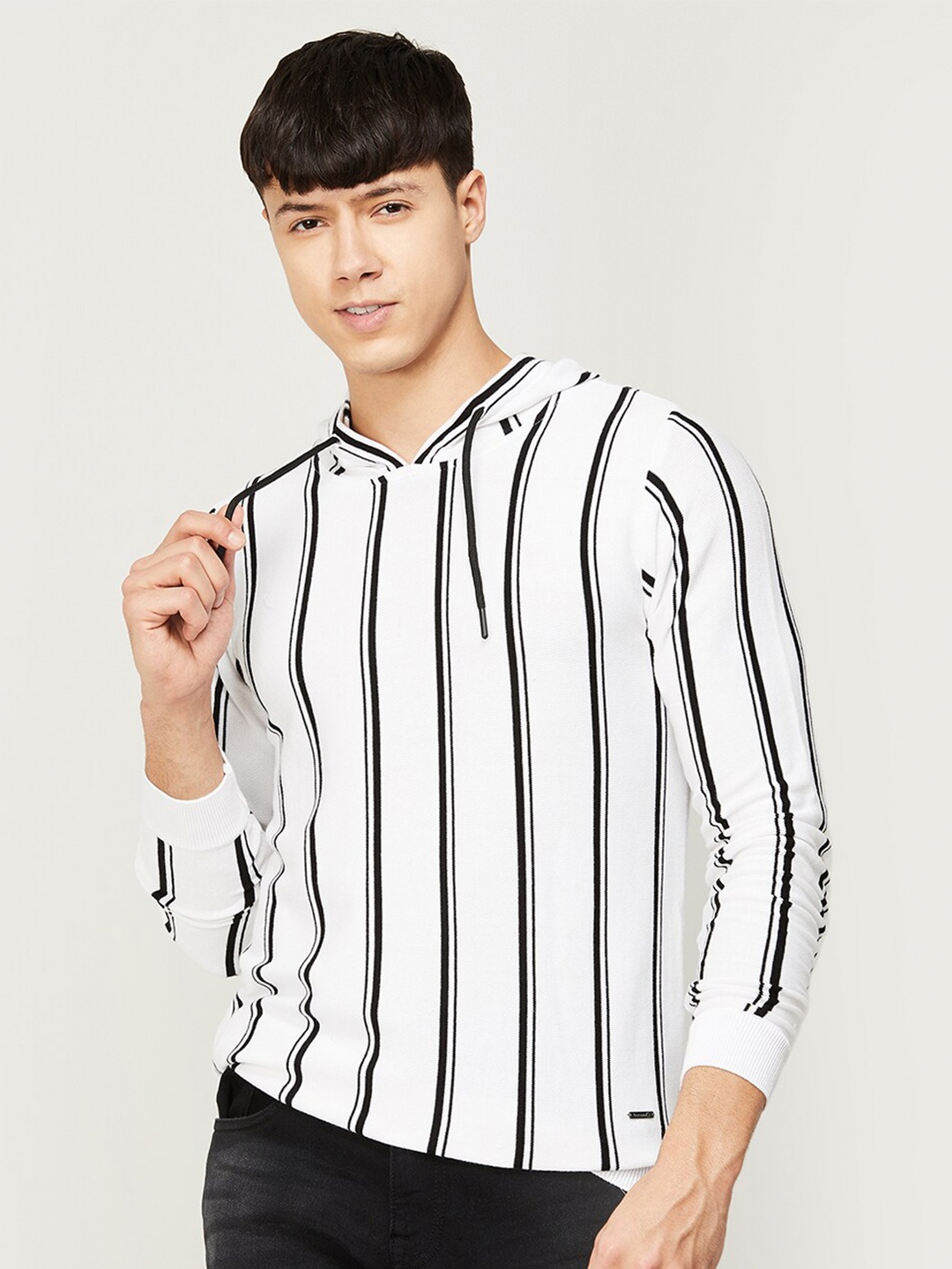 

Bossini Men Black & White Striped Cotton Hooded Sweatshirt
