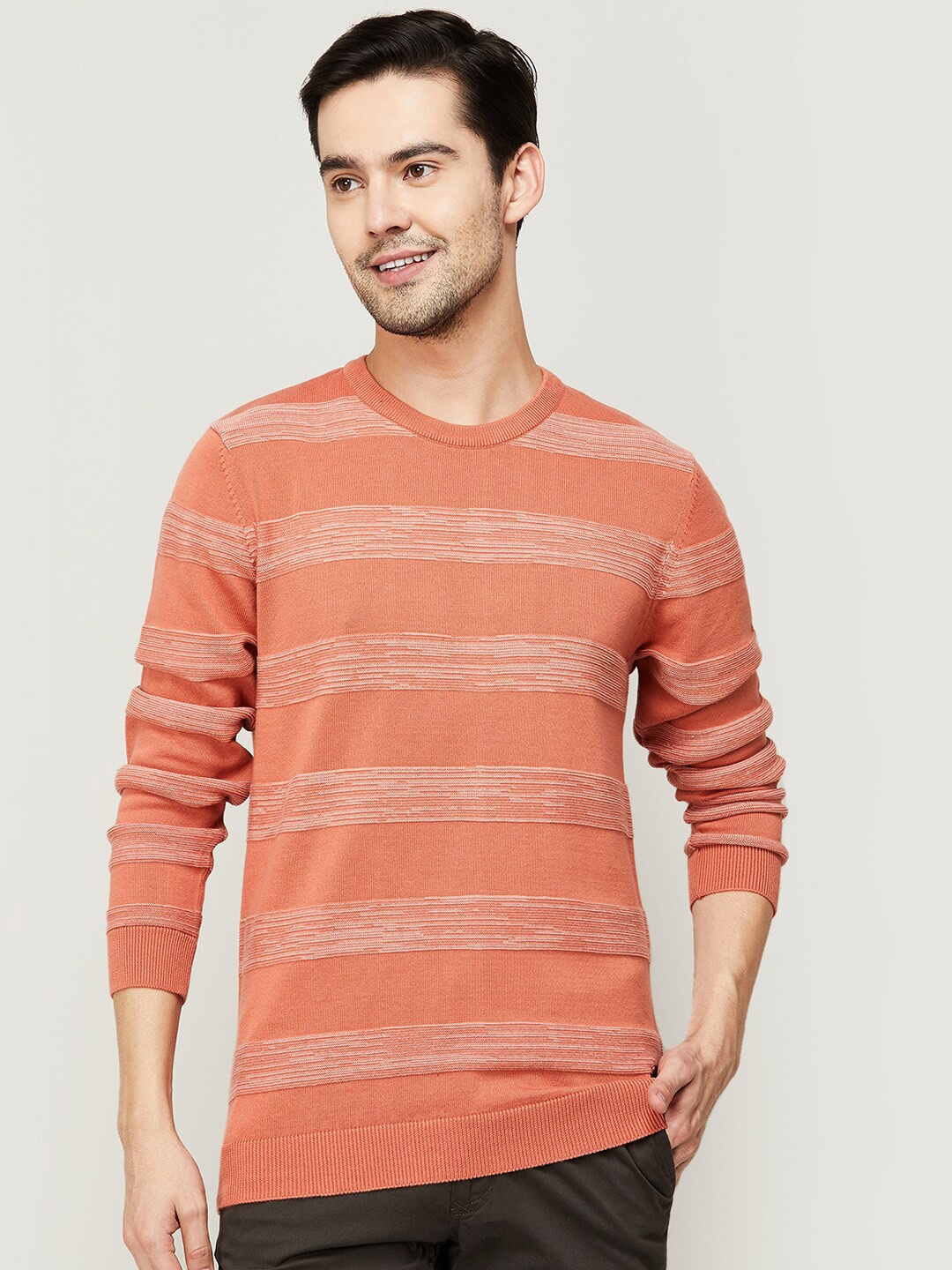 

CODE by Lifestyle Men Orange Striped Cotton Sweatshirt