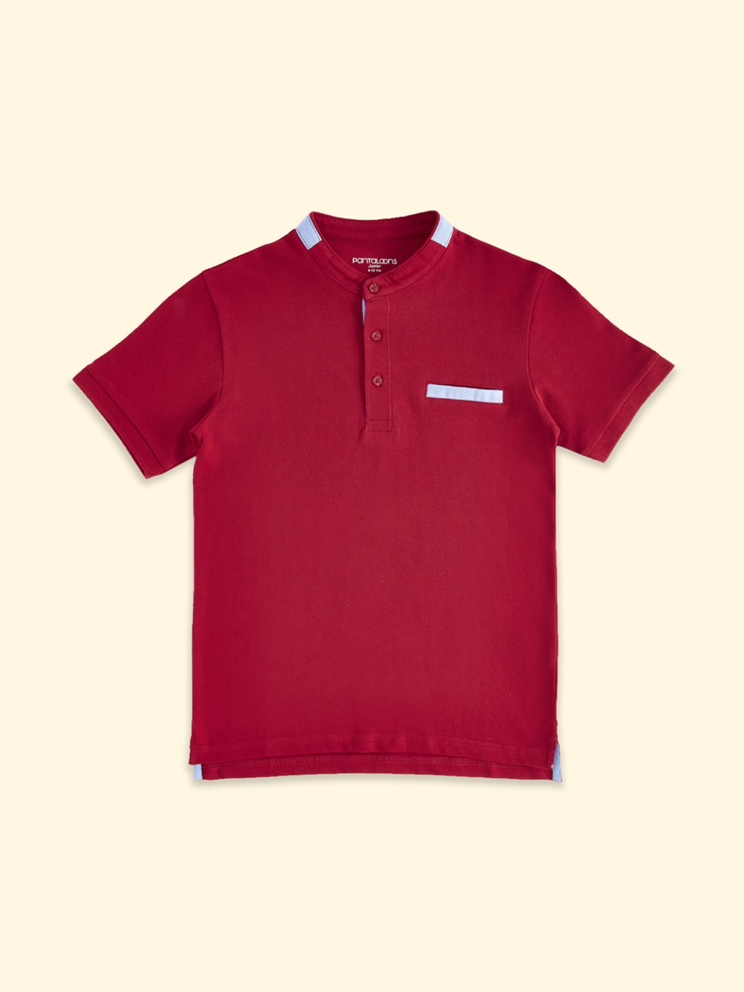 

Pantaloons Junior Boys Red Solid Mandarin Collar Cotton T-shirt