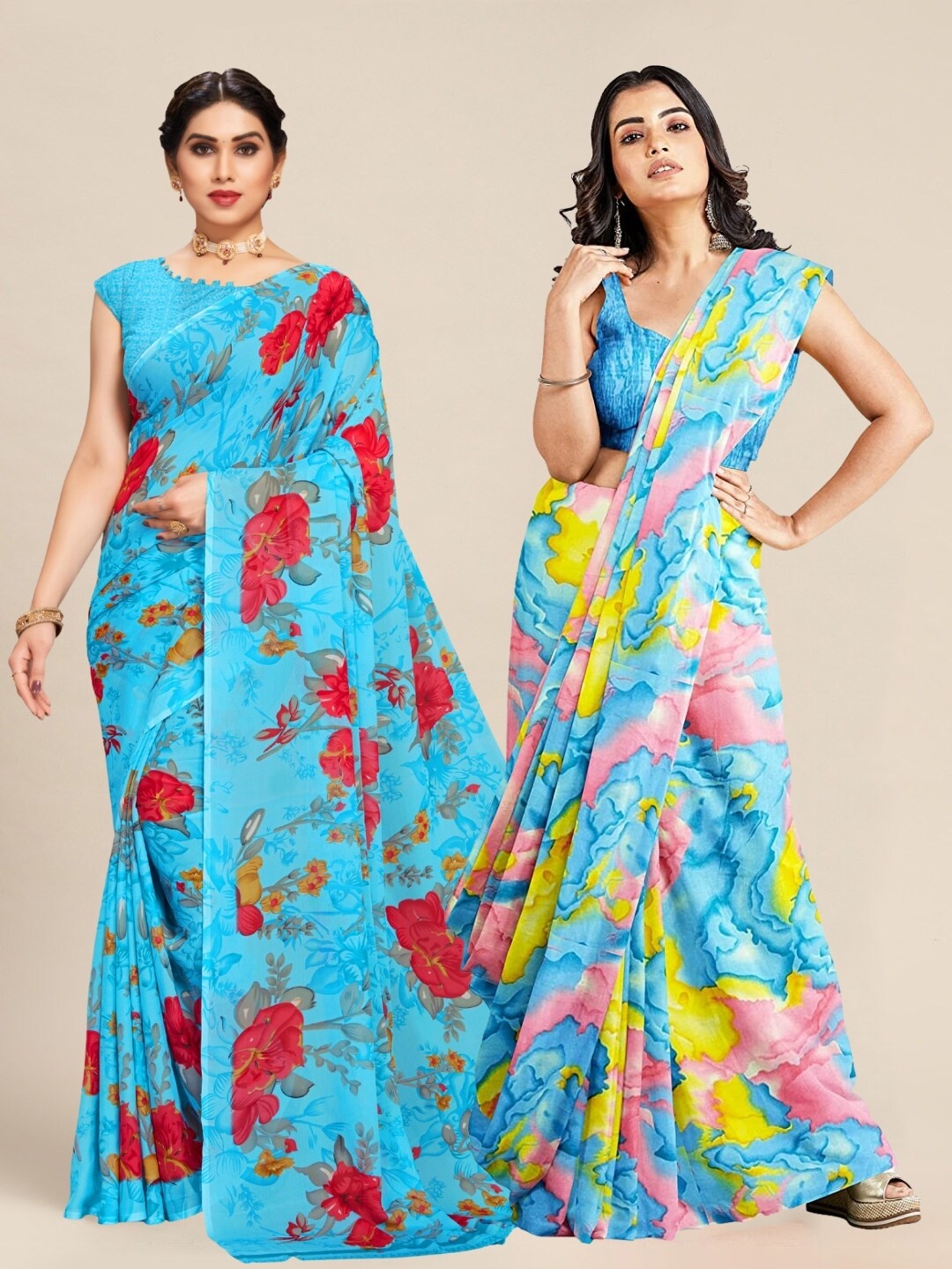 

MS RETAIL Pink & Blue Pack of 2 Floral Printed Pure Georgette Sarees