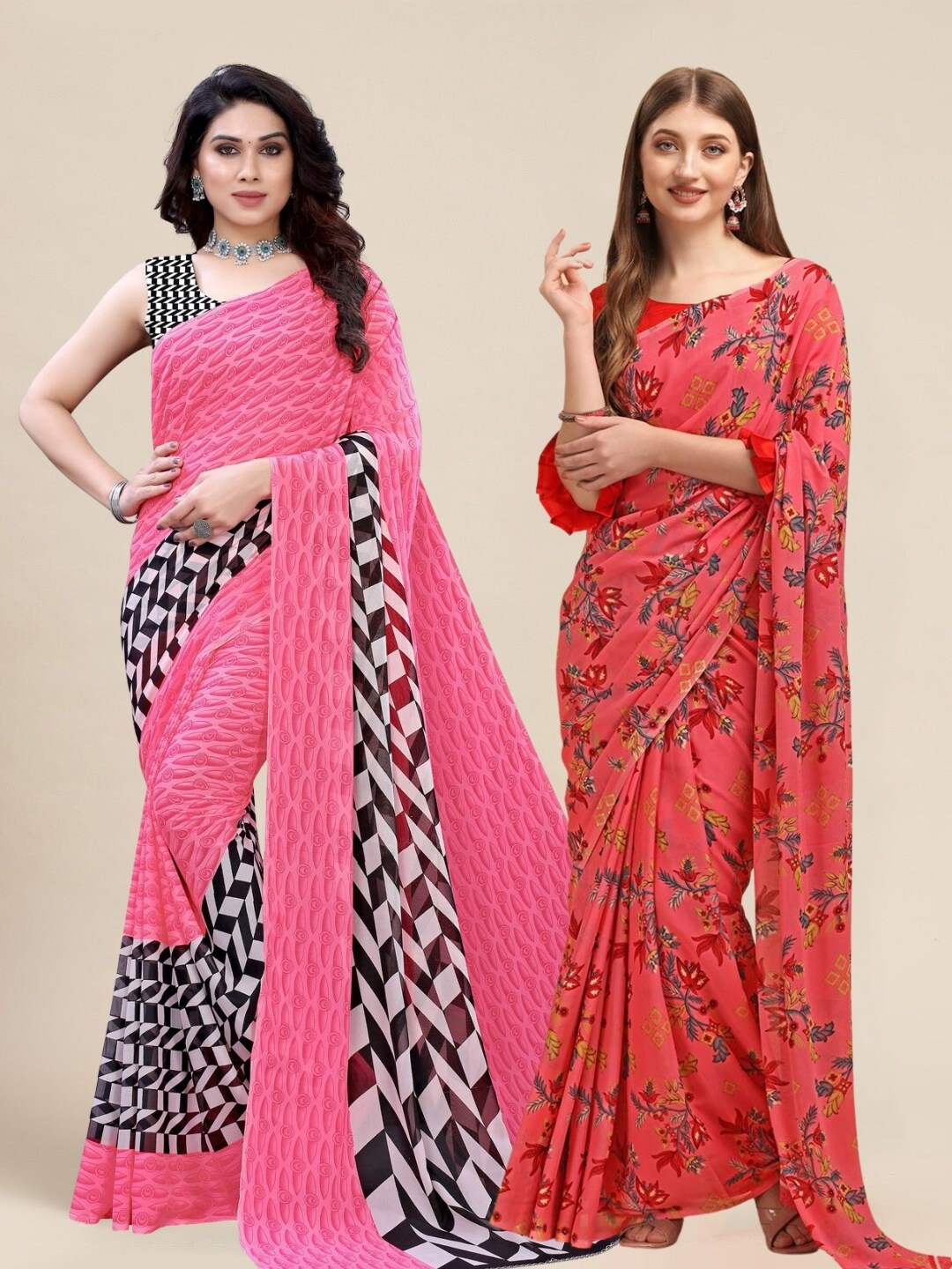 

MS RETAIL Pink & Coral Pack of 2 Printed Pure Georgette Sarees