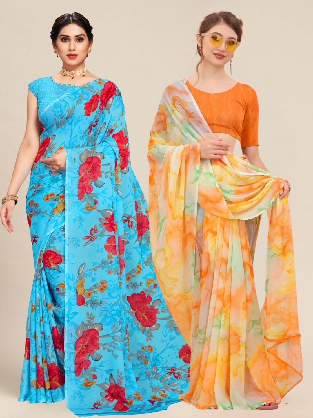

MS RETAIL Blue & Orange Pack of 2 Printed Pure Georgette Sarees
