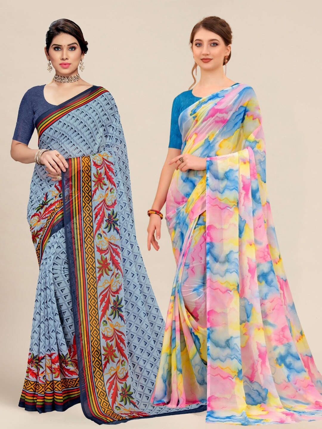 

MS RETAIL Grey & Pink Pack of 2 Printed Pure Georgette Sarees