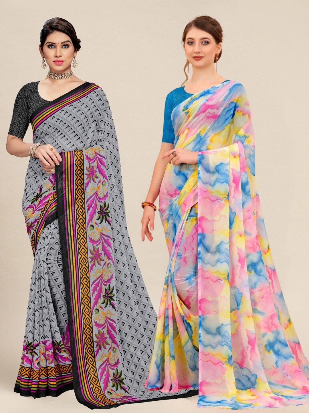 

MS RETAIL Grey & Pink Pack of 2 Printed Pure Georgette Sarees