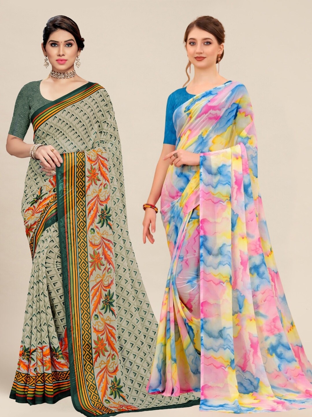 

MS RETAIL Pink & Grey Pack of 2 Printed Pure Georgette Sarees
