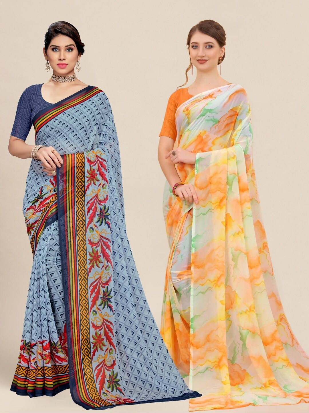 

MS RETAIL Grey & Orange Pack of 2 Printed Pure Georgette Sarees