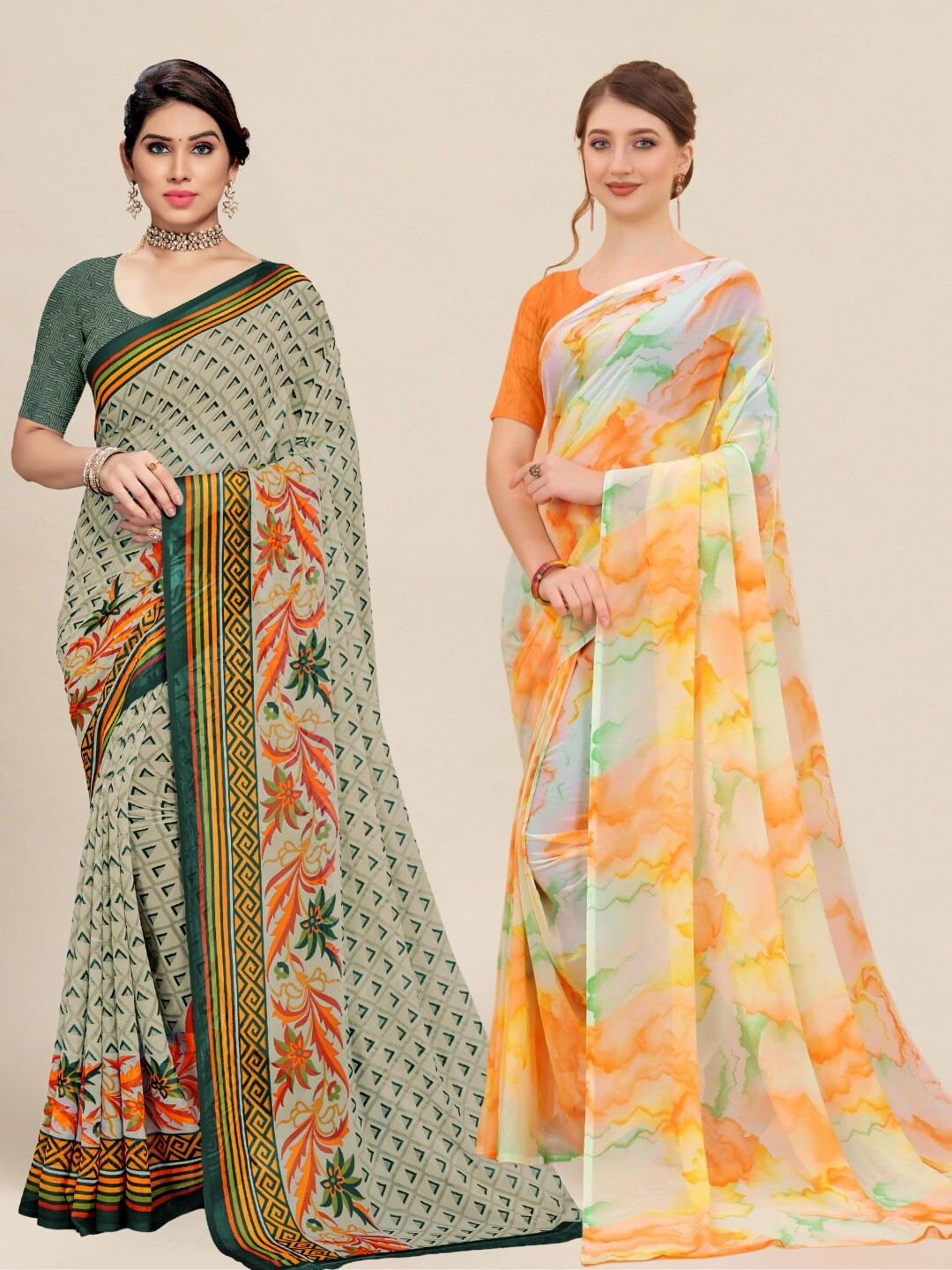 

MS RETAIL Beige & Orange Pack of 2 Printed Pure Georgette Sarees
