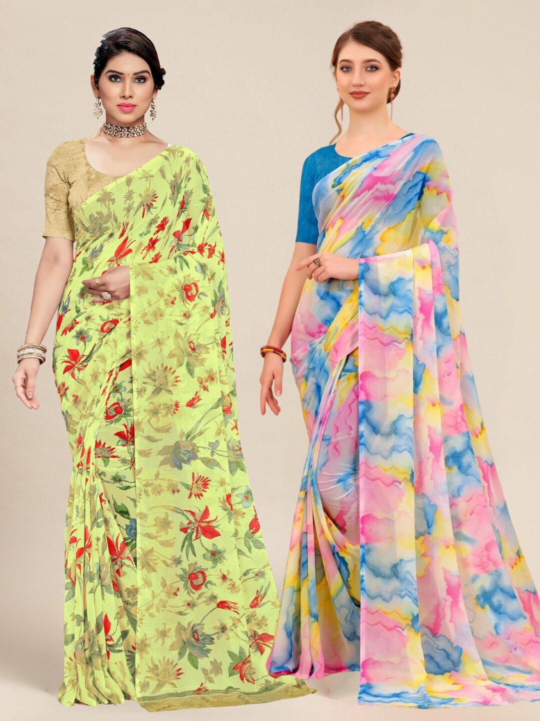 

MS RETAIL Yellow & Pink Pack of 2 Printed Pure Georgette Sarees