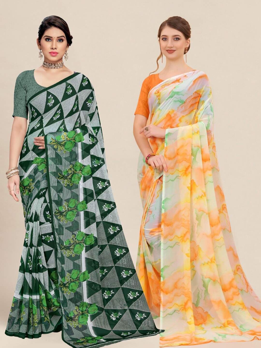 

MS RETAIL Green & Orange Pack of 2 Printed Pure Georgette Sarees
