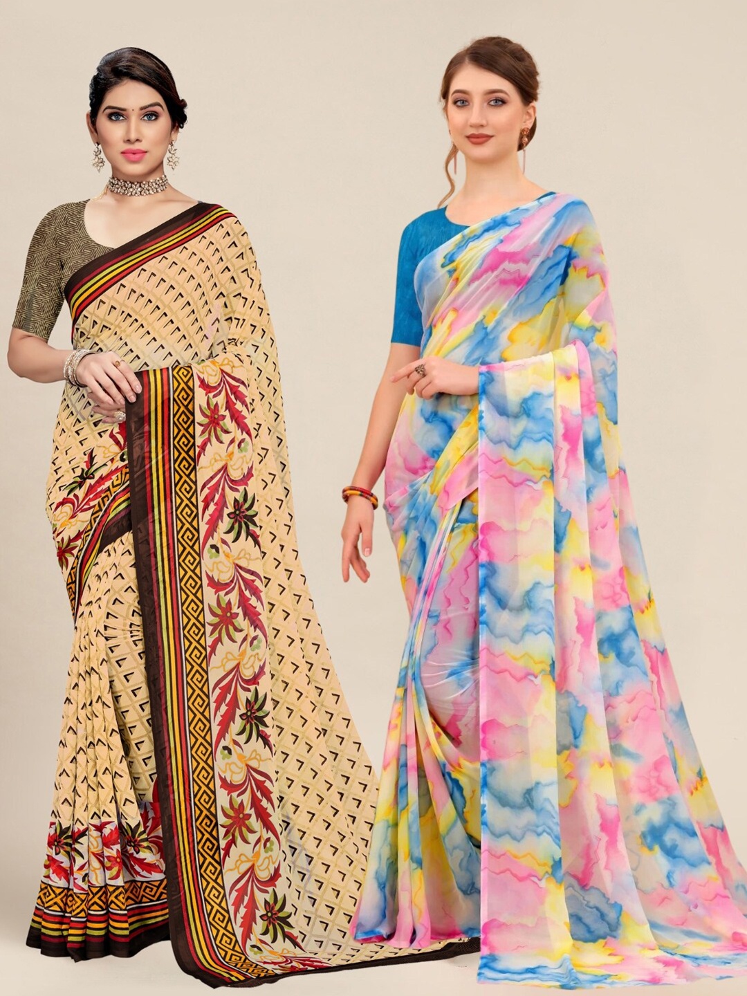 

MS RETAIL Beige & Pink Pack of 2 Printed Pure Georgette Sarees