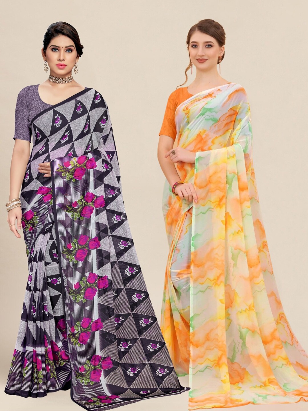 

MS RETAIL Purple & Orange Pack of 2 Printed Pure Georgette Sarees